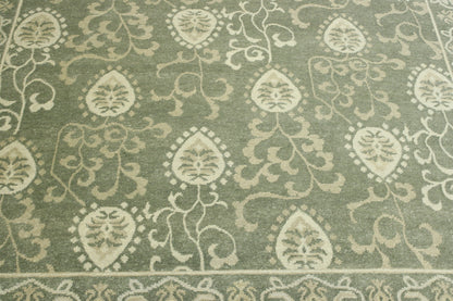 Tribal Ikat hand-knotted wool rug in Green & Gray, full view