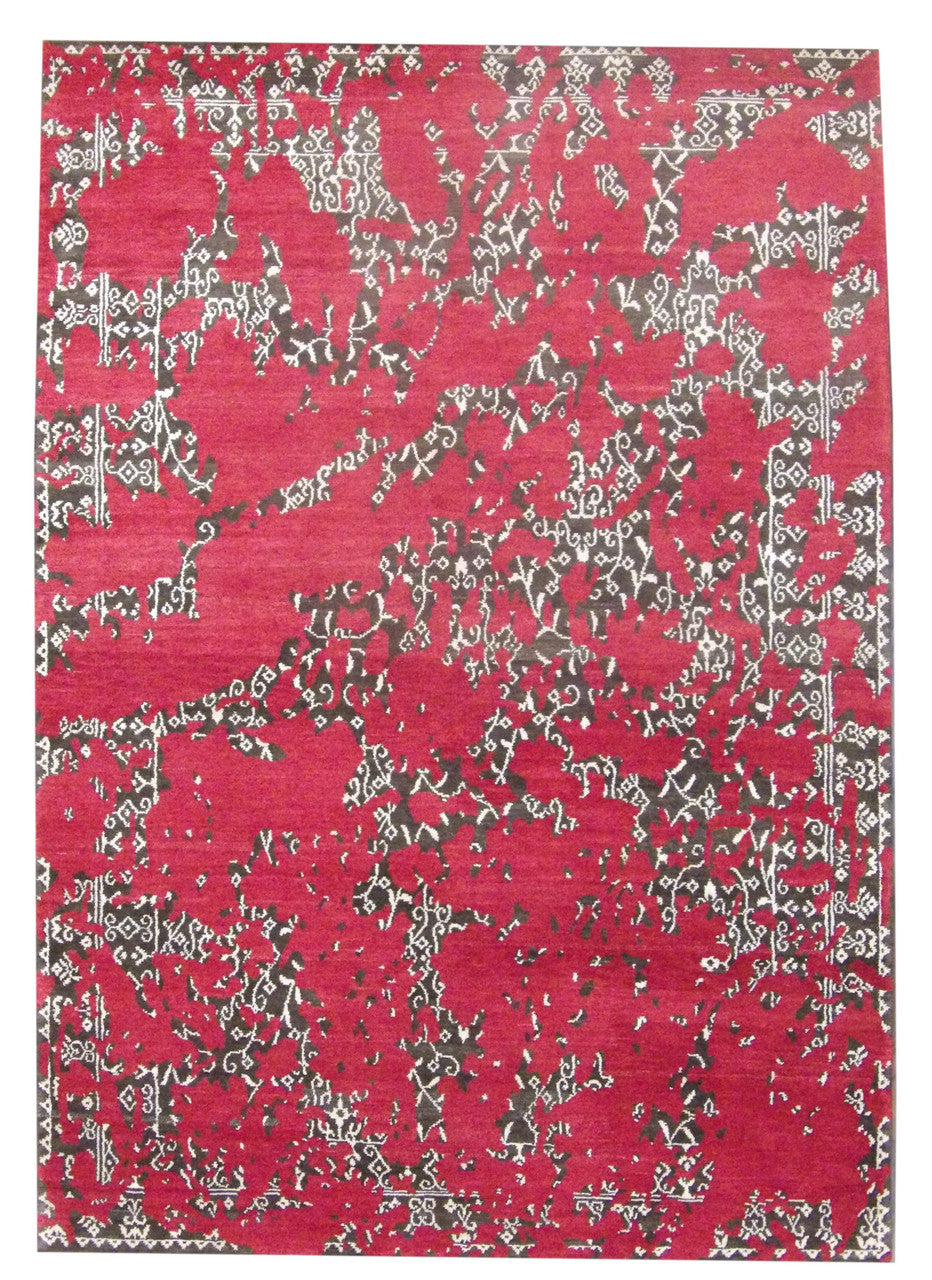 Transitional broken-design hand-knotted wool rug in brown and red, full view
