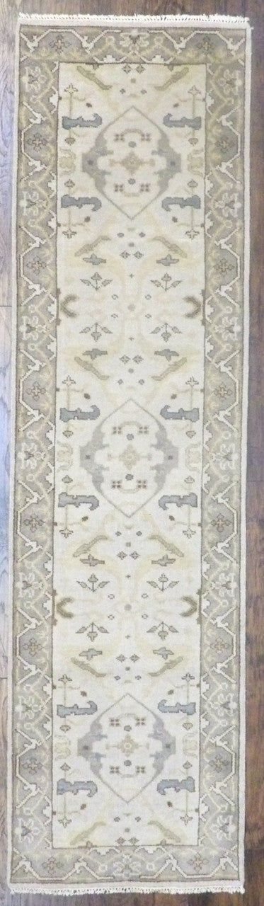 Turkish Oushak hand-knotted wool runner in beige and gray, full view