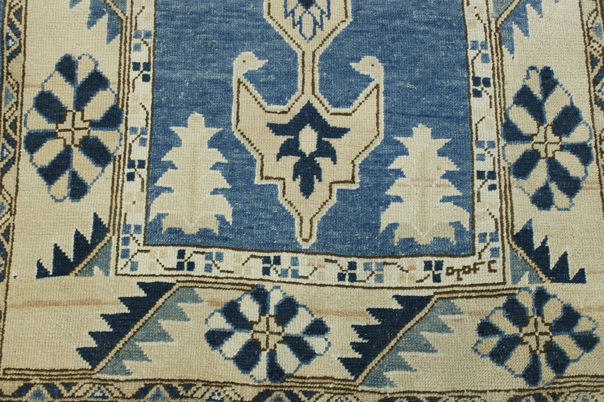 Blue & Beige Oushak Wash Chobi rug in room setting