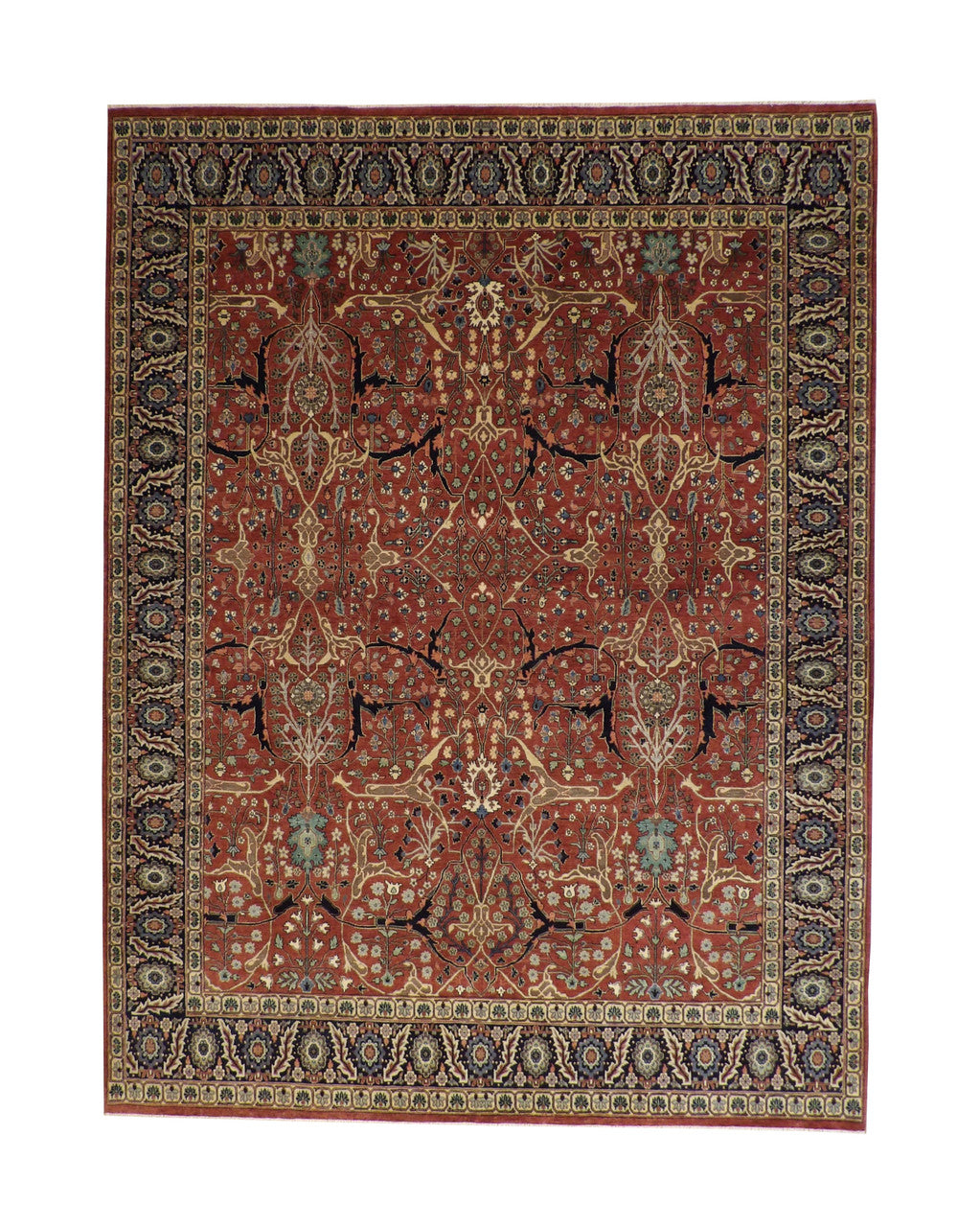 Traditional Fine Haji Jalili hand-knotted wool rug in Blue & Rust, full view