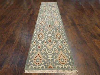 Close-up of wool pile, green and ivory runner