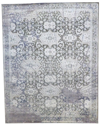 Transitional Oxidized Broken Design hand-knotted silk rug in Gray & Purple, full view