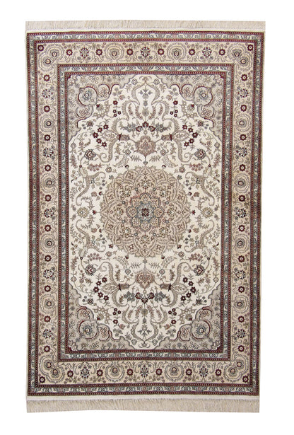Traditional Sino Chinese Tabriz hand-knotted silk rug in Beige, full view
