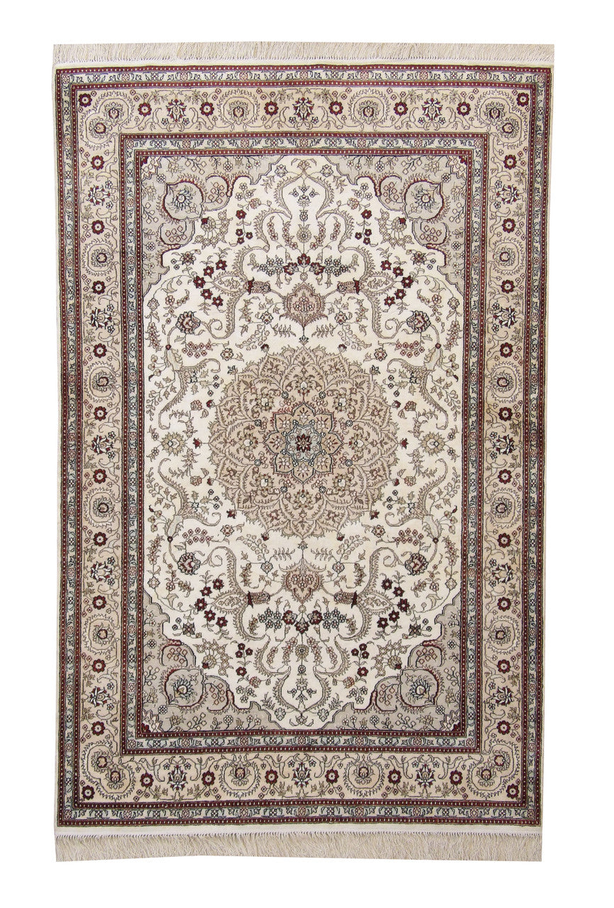 Traditional Sino Chinese Tabriz hand-knotted silk rug in Beige, full view