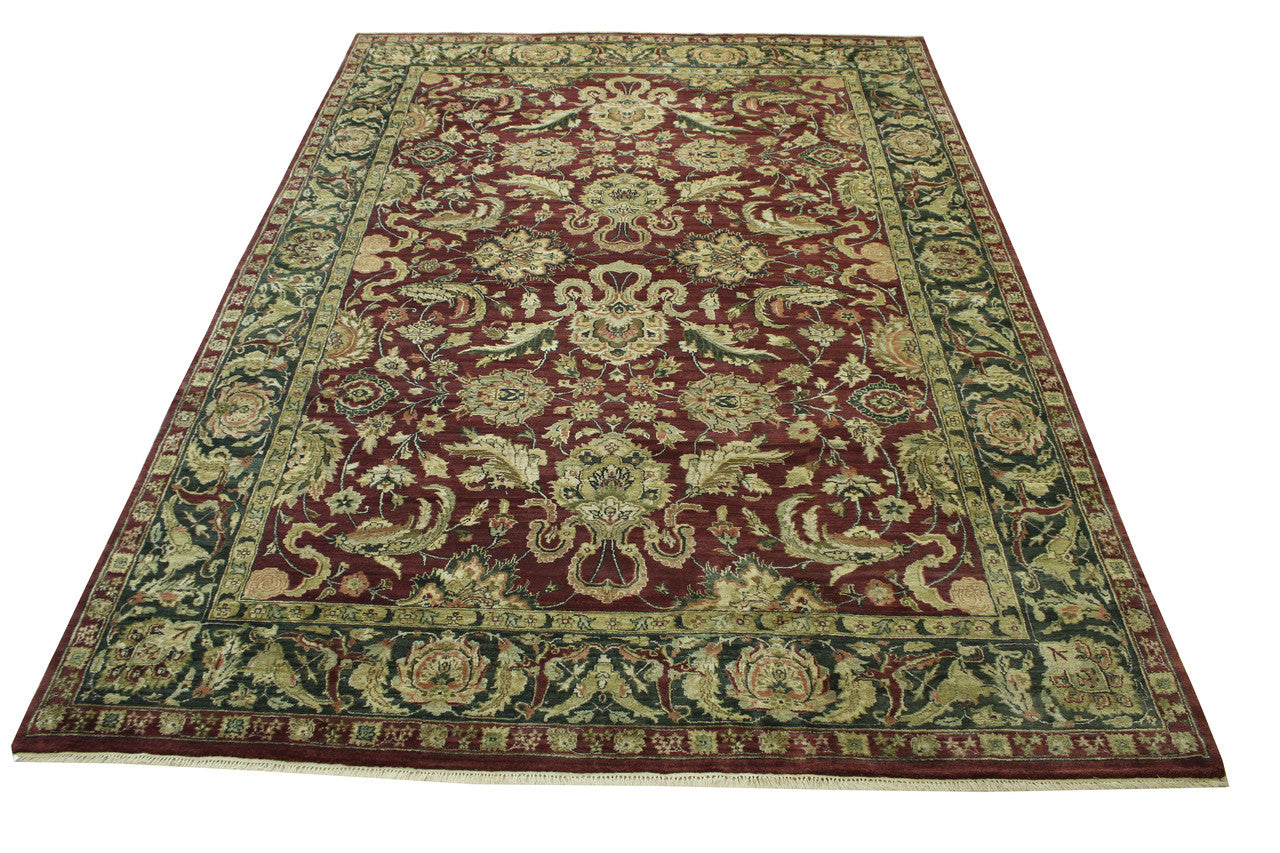 Close-up of wool pile, Green & Red rug
