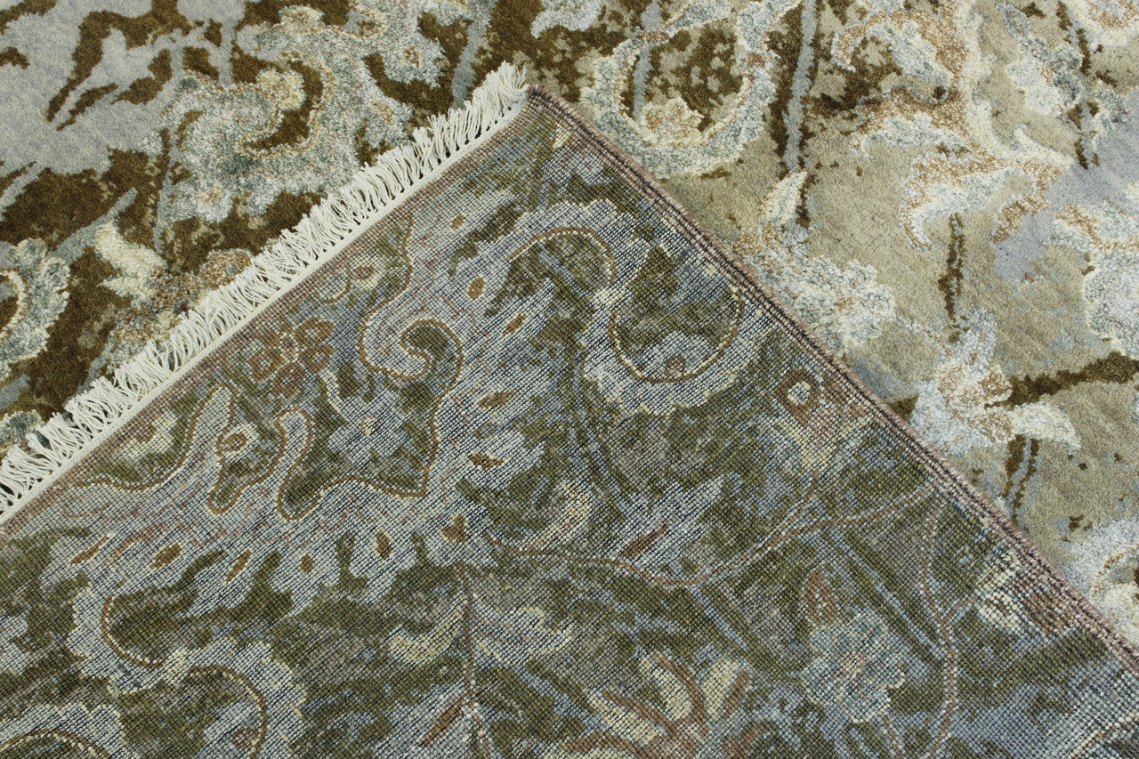 Modern Abstract Design hand-knotted wool-silk rug in Brown & Gray, full view