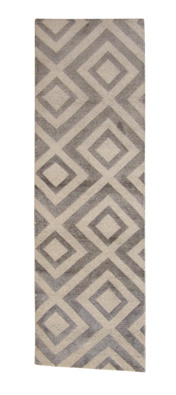 Modern Diamond Design hand-knotted wool-silk rug in Silver, full view