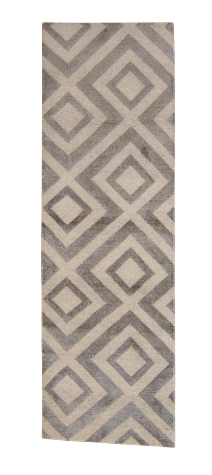 Modern Diamond Design hand-knotted wool-silk rug in Silver, full view