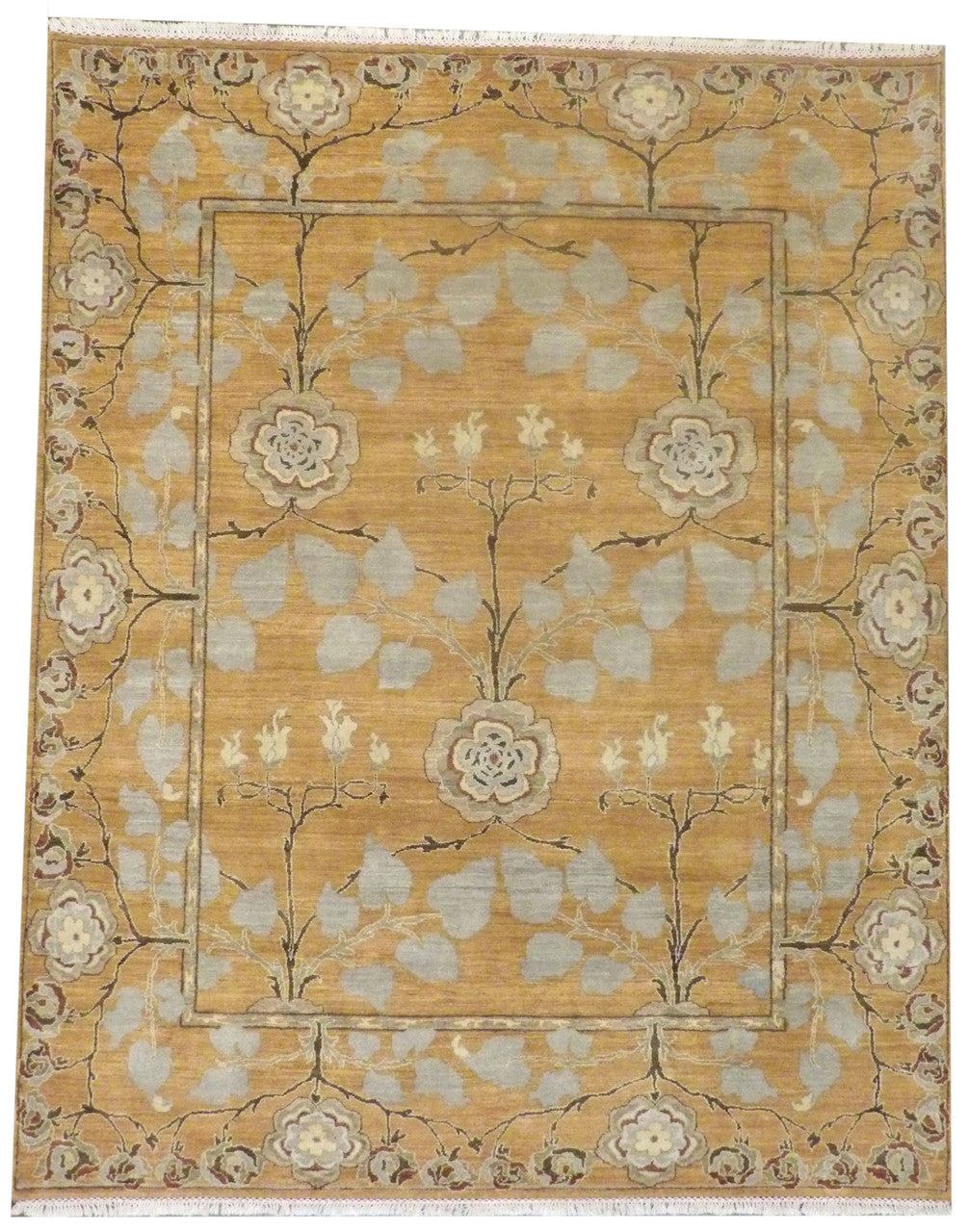 Tree of Life design natural dye hand-knotted wool rug in blue and orange, full view