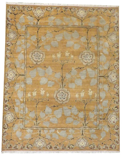 Tree of Life design natural dye hand-knotted wool rug in blue and orange, full view