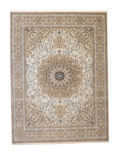 Traditional Fine Qum hand-knotted wool rug in Gold & Beige, full view