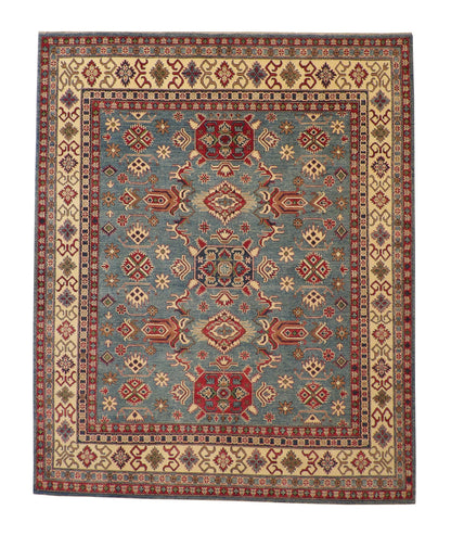 Tribal Super Kazak hand-knotted wool rug in Blue & Beige, full view