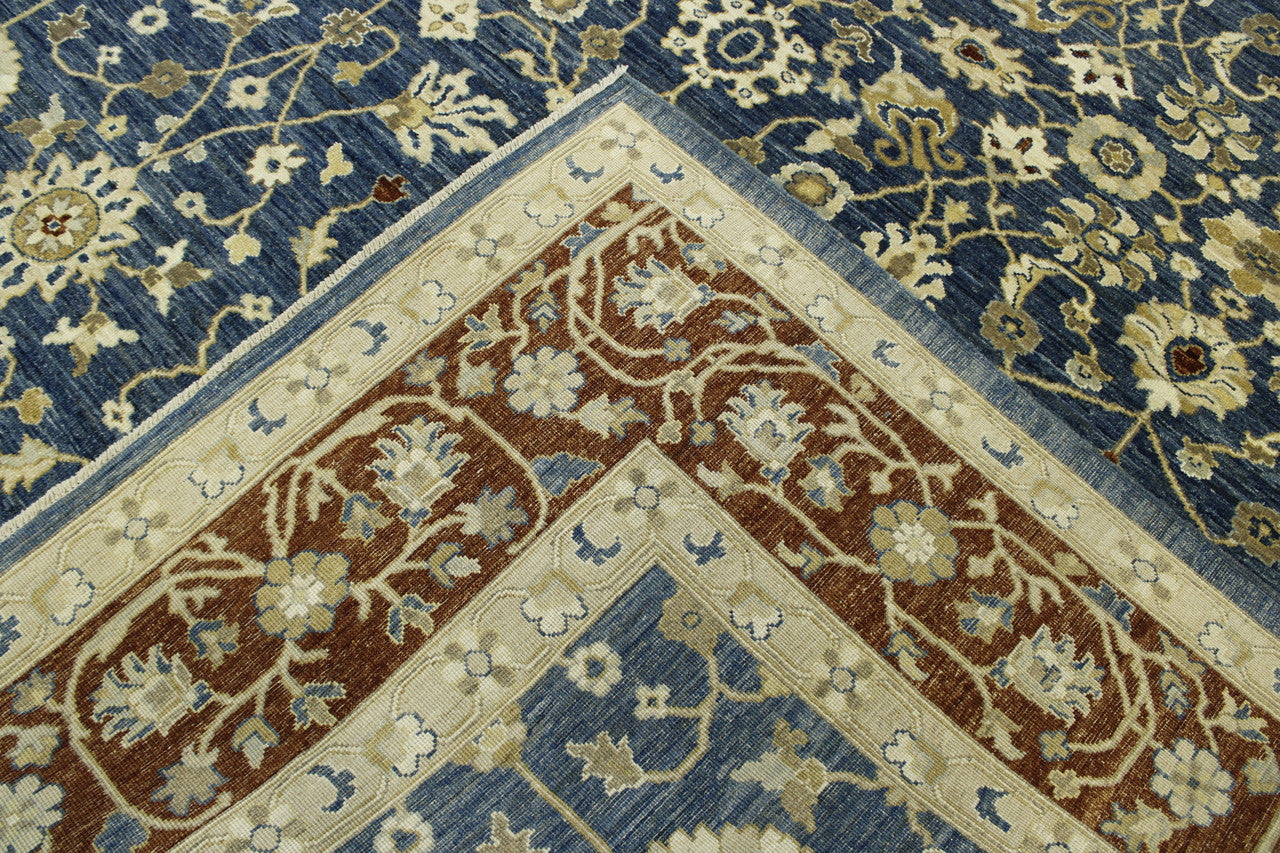Oushak Chobi hand-knotted wool rug in Blue & Red, full view