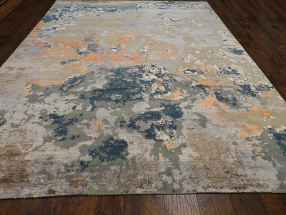 Close-up of wool-silk pile, Gray & Teal rug