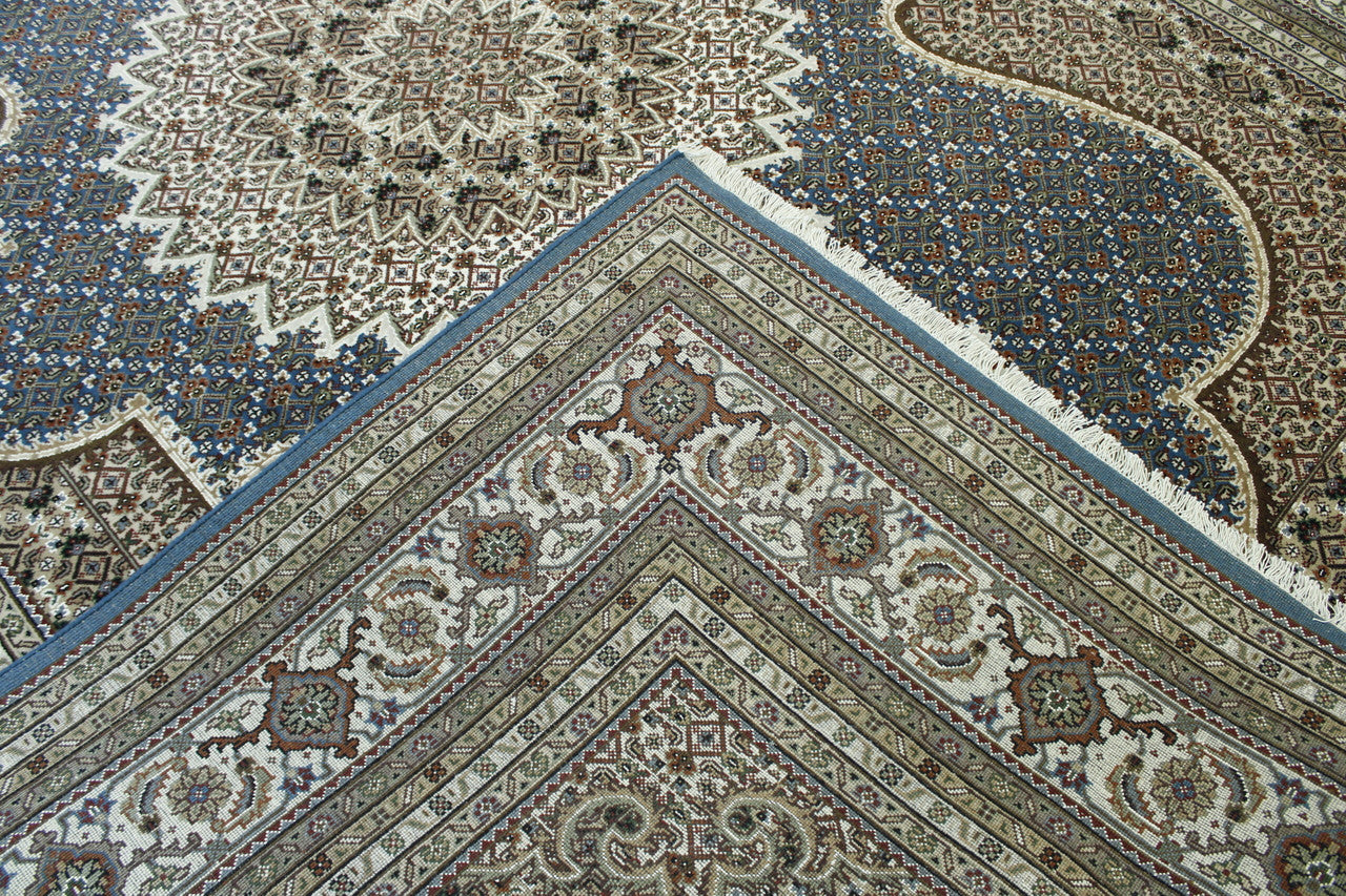 Traditional Fine Qum hand-knotted wool rug in Blue & Beige, full view