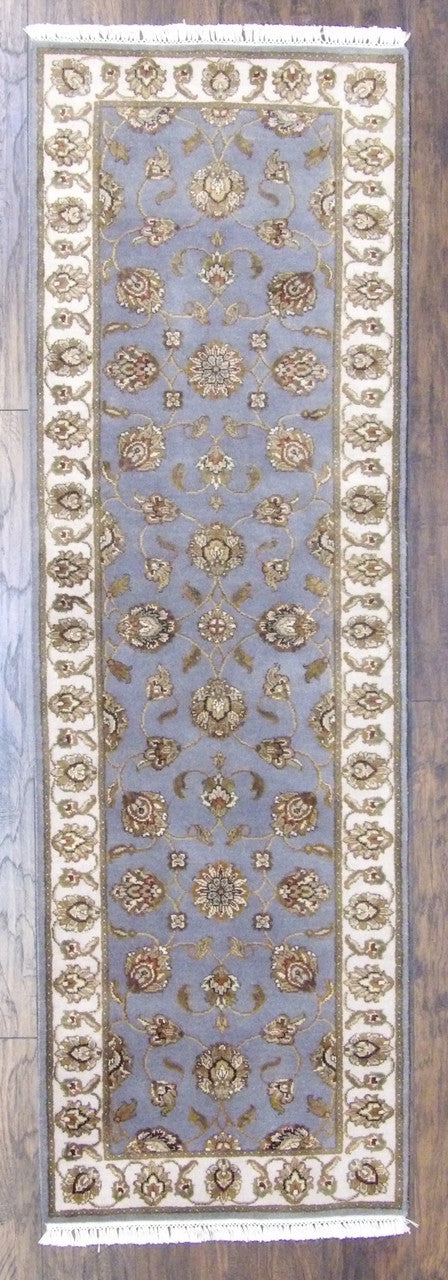 Jaipur Kashan hand-knotted wool-silk runner in blue and ivory, full view