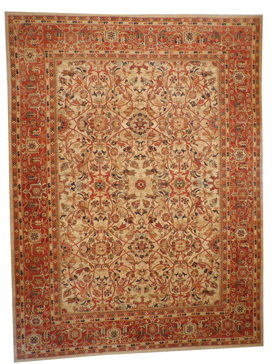 Traditional Antique Chobi hand-knotted wool rug in Beige, full view