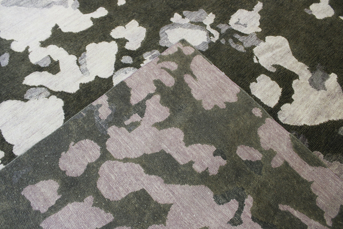 Transitional Abstract Broken Design hand-knotted wool-silk rug in Green & Pink, full view