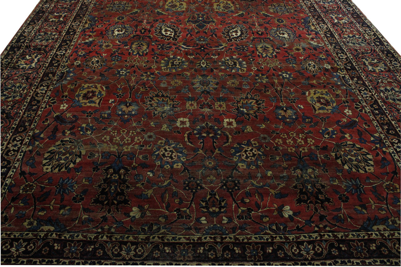 Traditional Antique Farahan hand-knotted wool rug in Red, full view