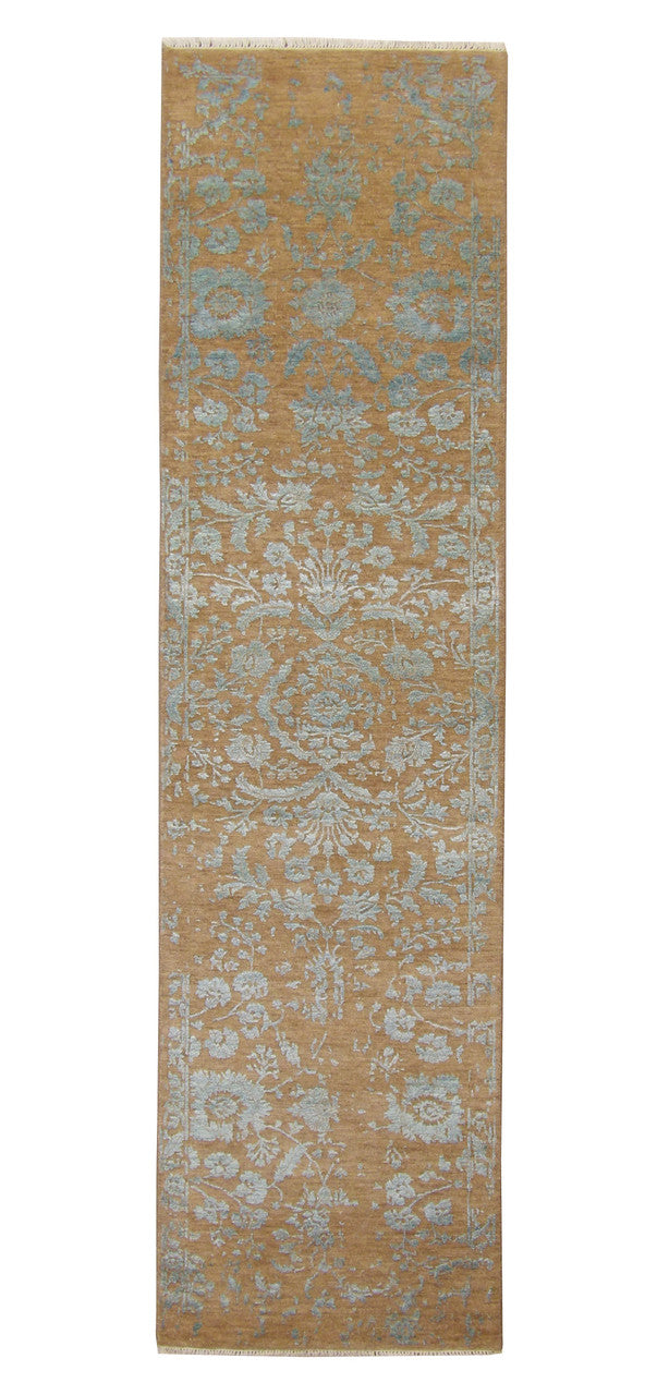 Teal 2'9" x 10'3" Transitional Abstract Broken Design Hand knotted Wool/Silk Rug - Sku: w20163