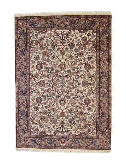 Traditional Mahal Design hand-knotted wool rug in Beige & Pink, full view