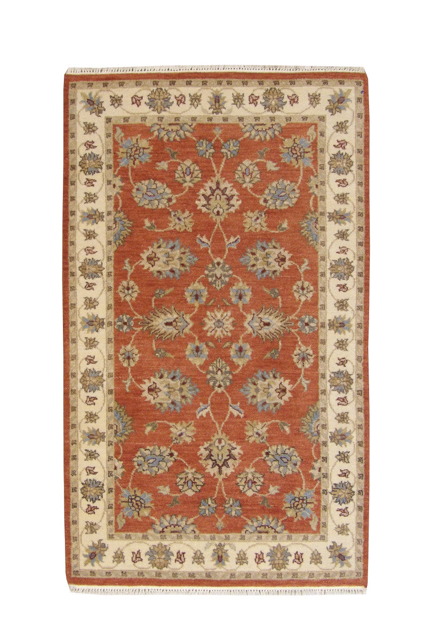 Oushak Agra Chobi hand-knotted wool rug in Beige & Rust, full view