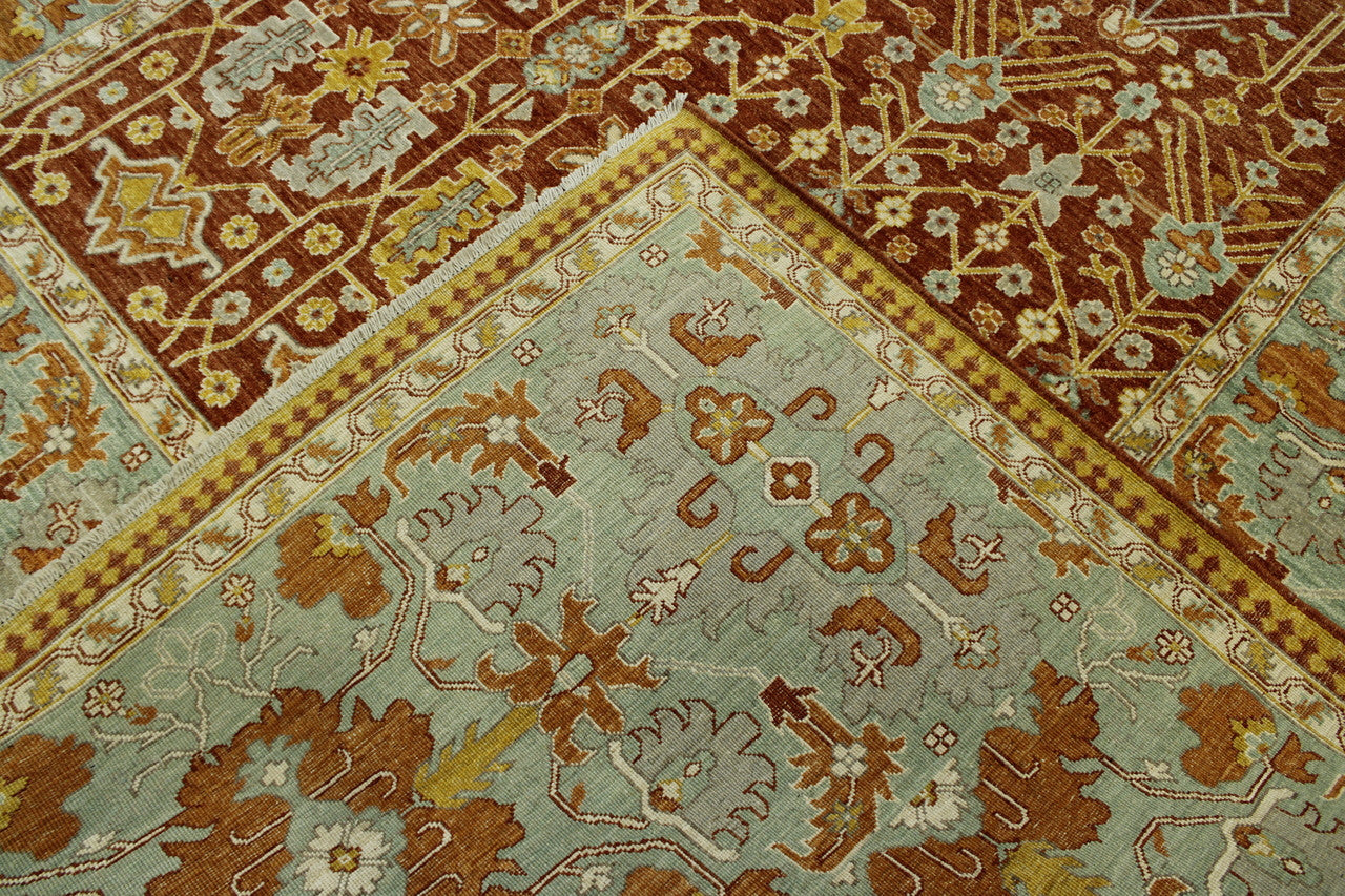 Tribal Vegetable Dye Bamiyan hand-knotted wool rug in Green & Rust, full view