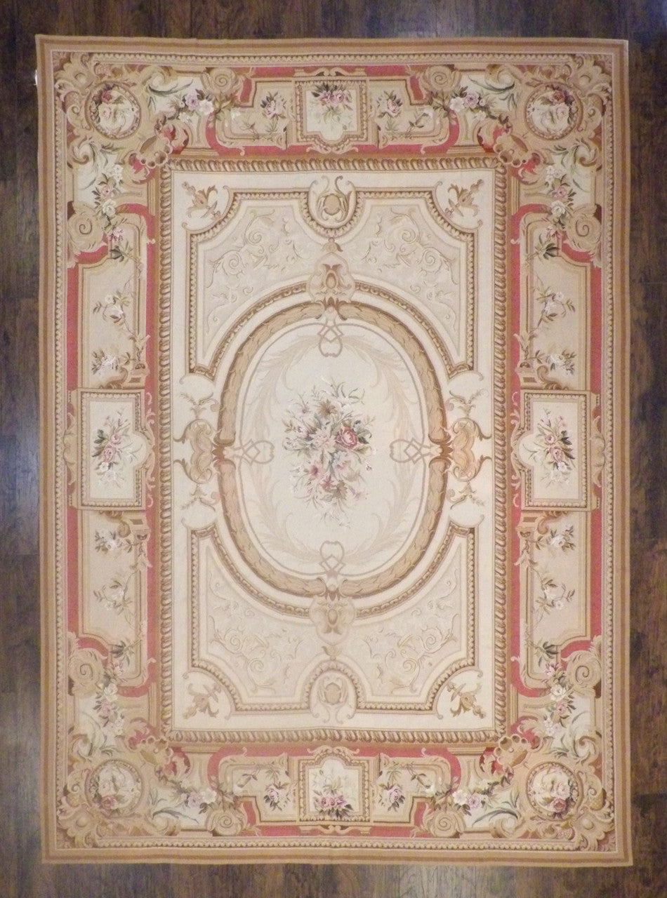 Needlepoint European hand-knotted wool rug in Beige & Rust, full view