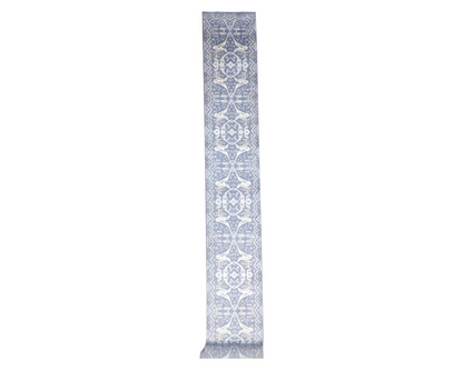 Oushak hand-knotted wool runner in blue, extra long hallway runner, full view