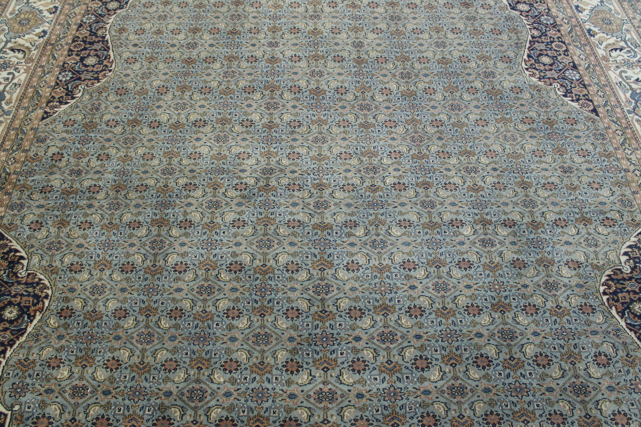 Traditional Fine Mir hand-knotted wool rug in Blue & Beige, full view