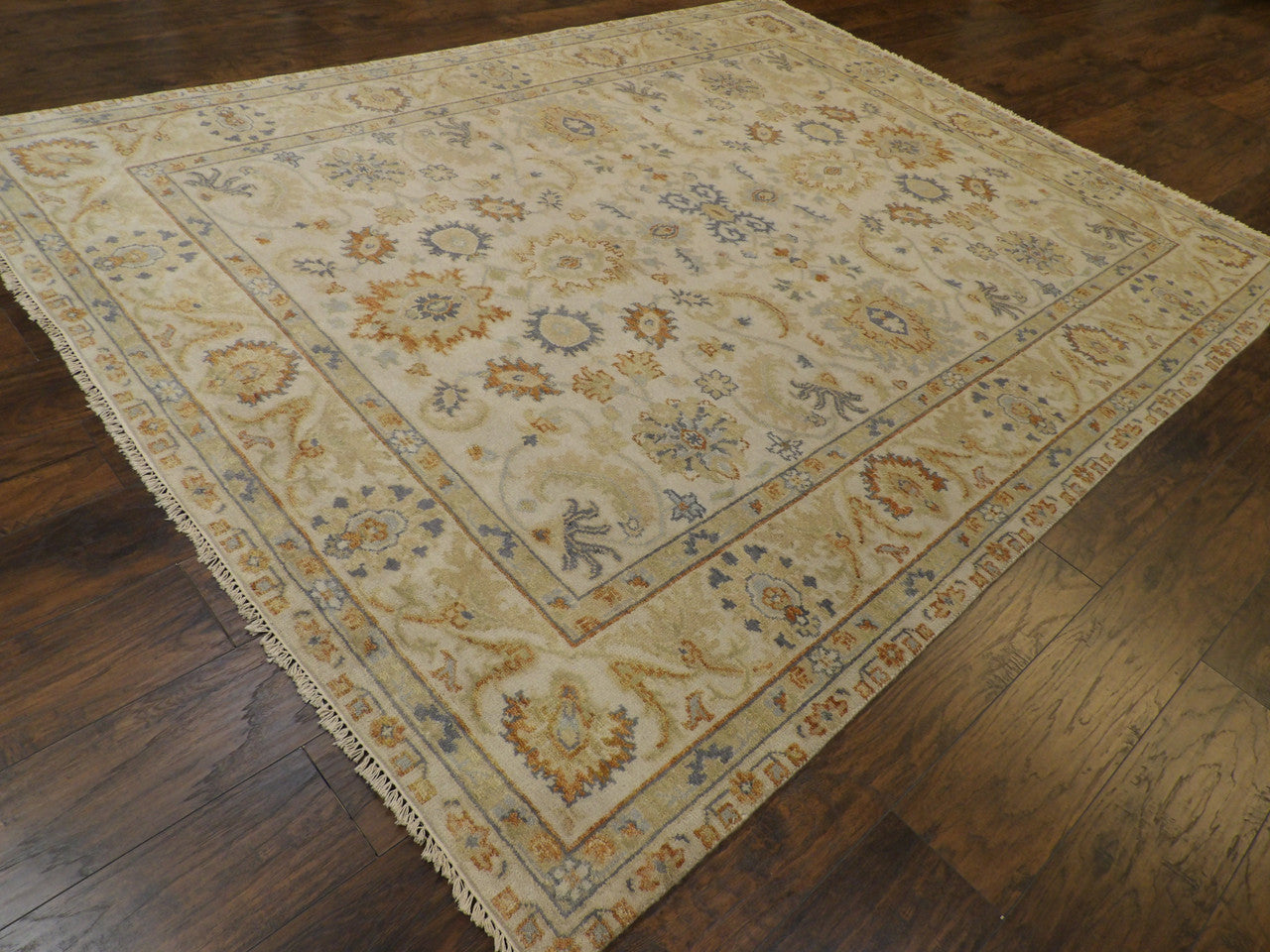 Oushak pattern detail, beige and blue natural dye rug