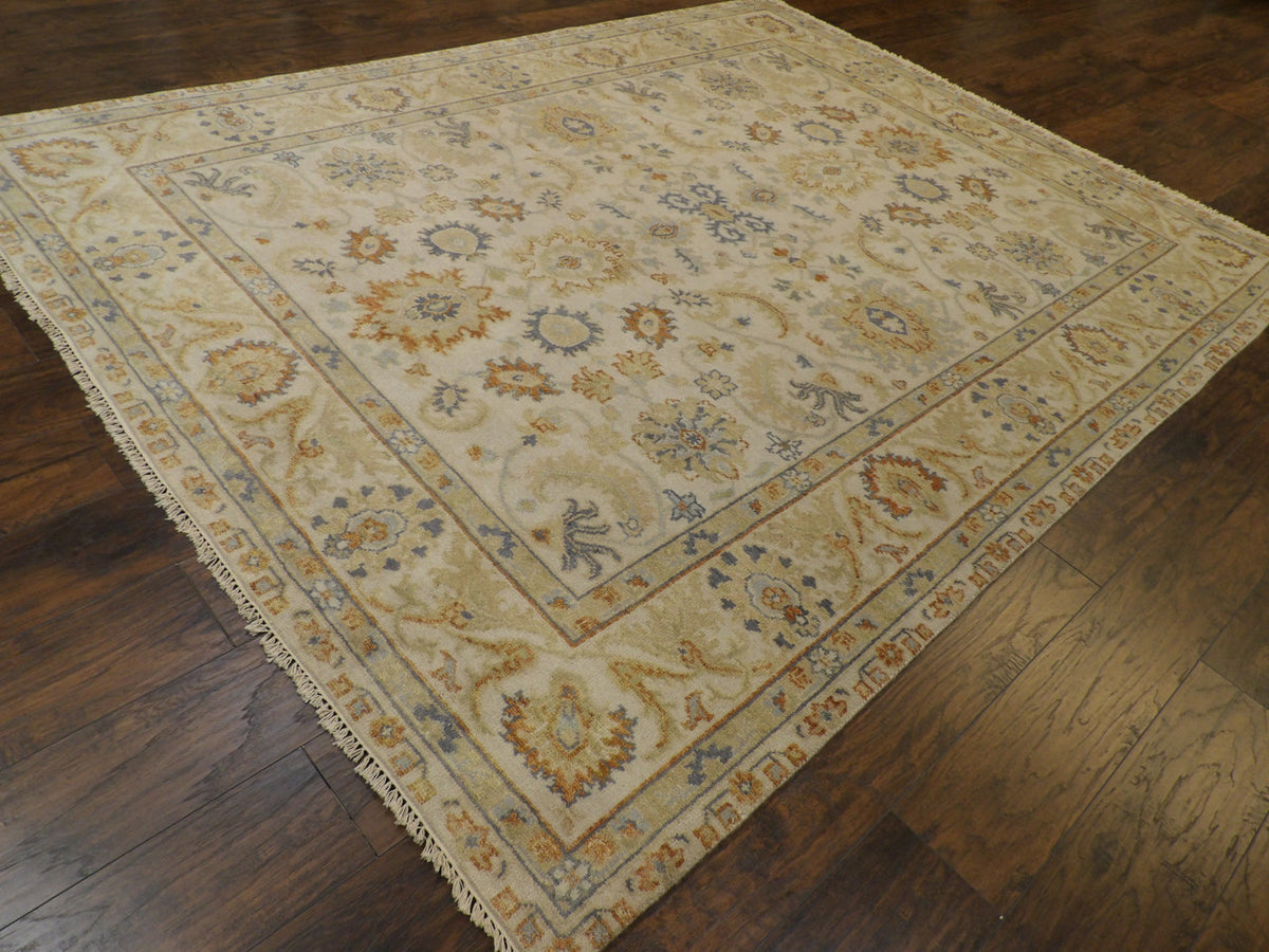 Oushak pattern detail, beige and blue natural dye rug