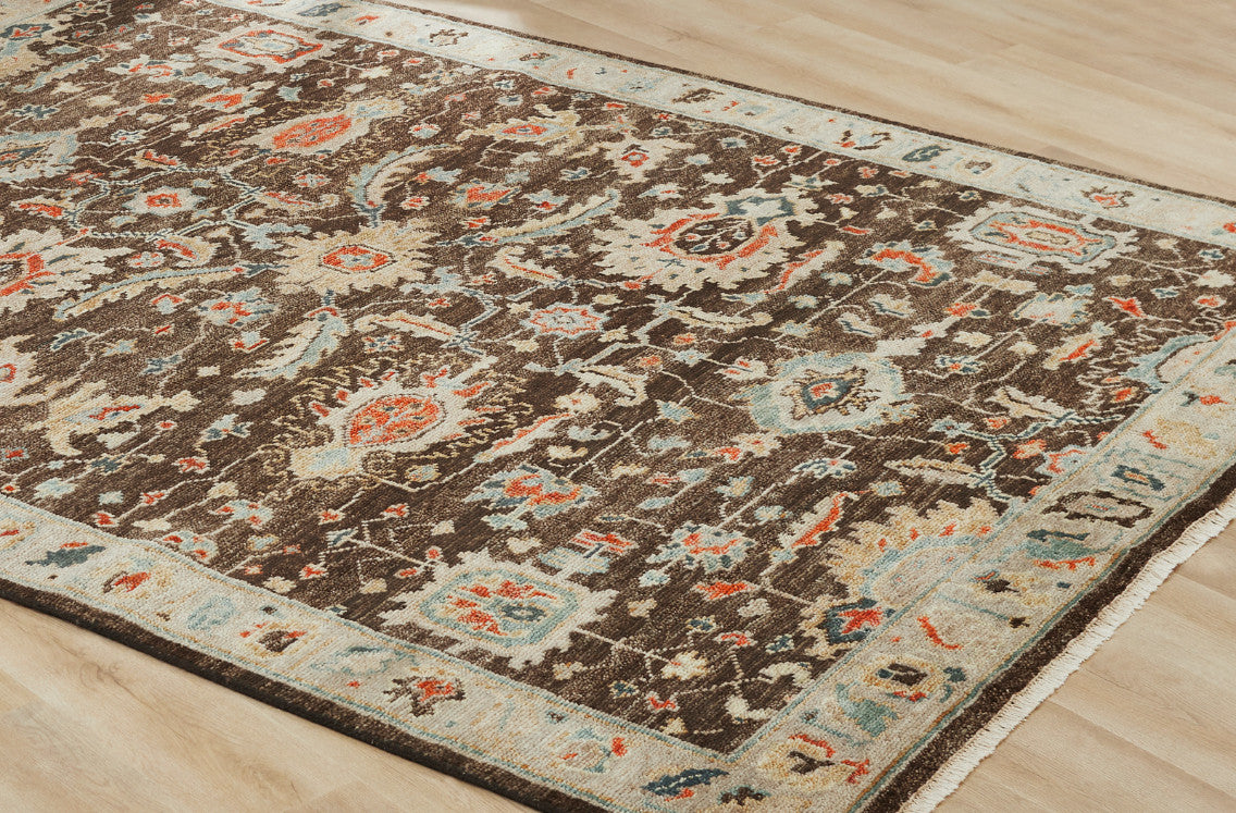 Transitional wool rug in brown and beige, detail view