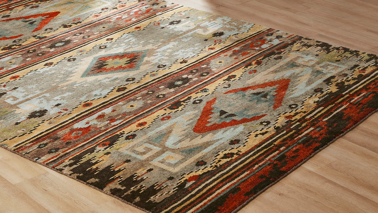 Transitional wool rug in rust and gray, detail view