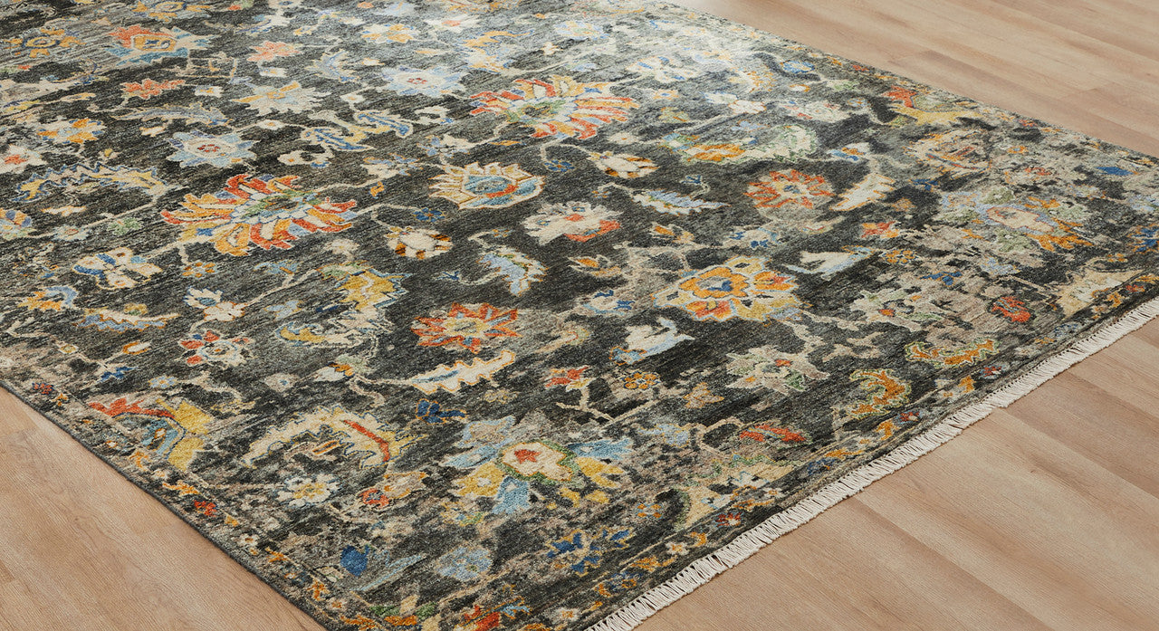 Transitional wool rug in black and gray, detail view