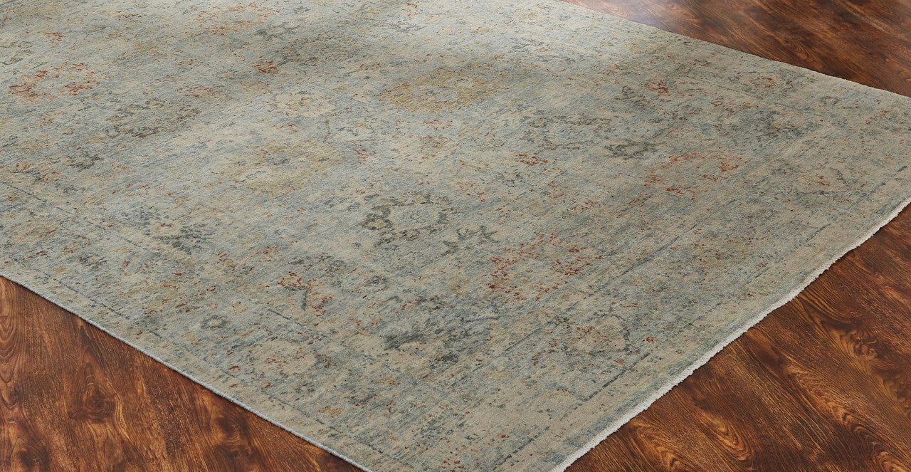 Transitional wool rug in gray and beige, detail view