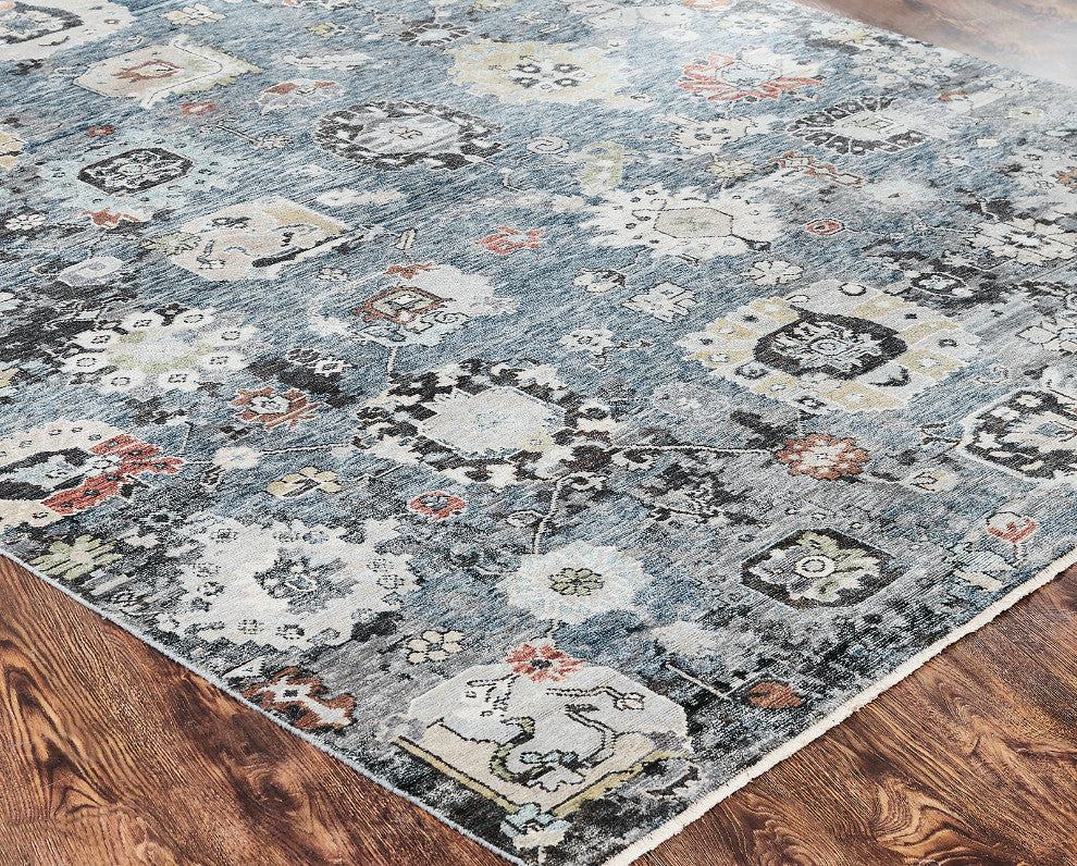 Transitional wool-silk rug in blue and black, detail view
