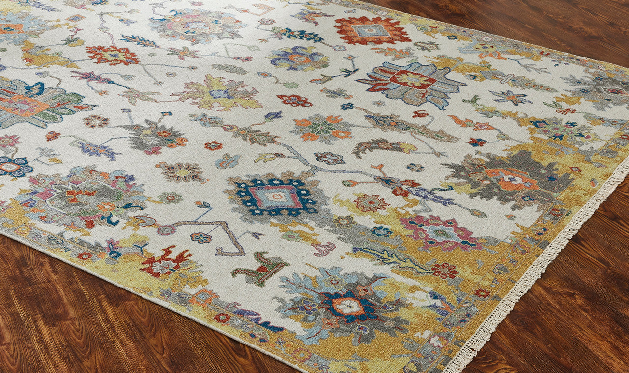 Transitional wool rug in beige and yellow, detail view
