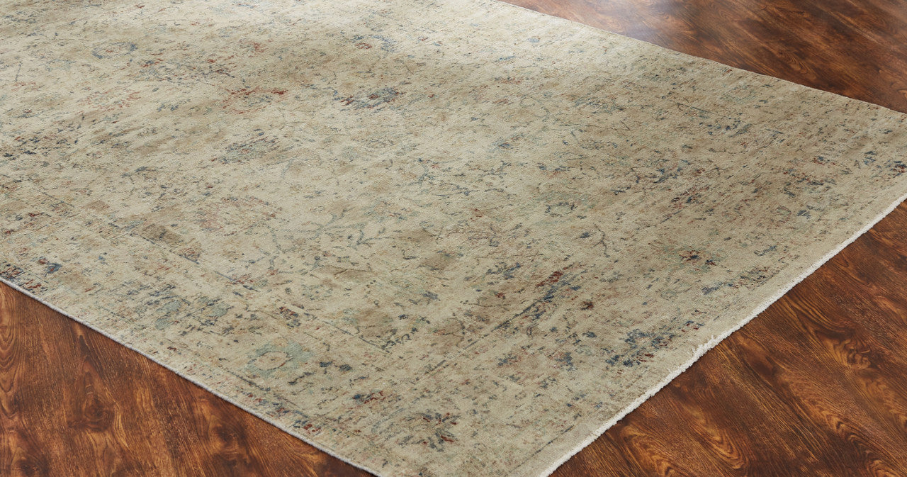 Transitional wool rug in beige and gray, detail view