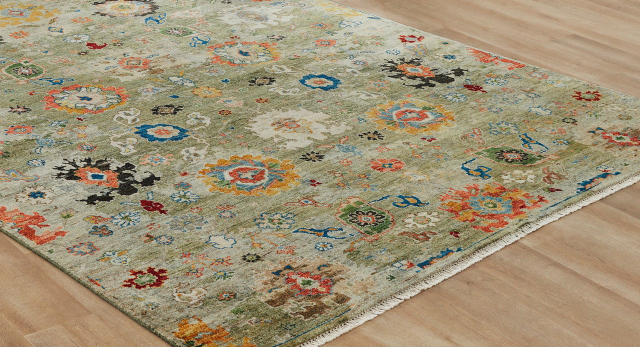 Transitional wool rug in blue and beige, detail view