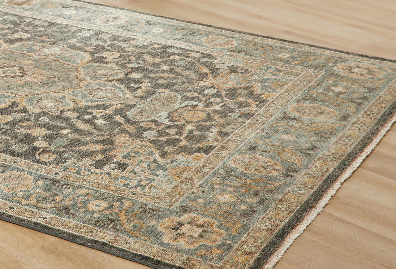 Transitional wool rug in gray and blue, detail view