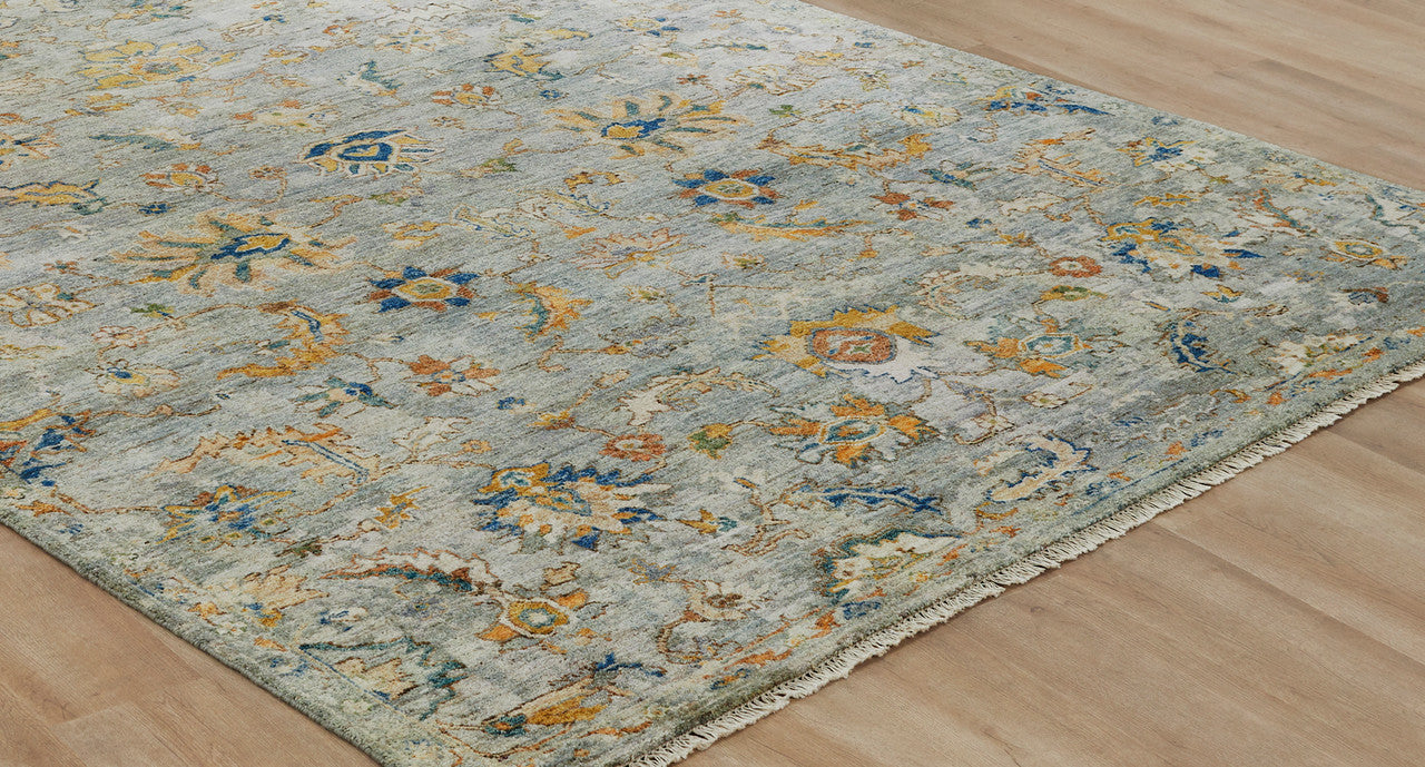 Transitional wool rug in blue and gold, detail view