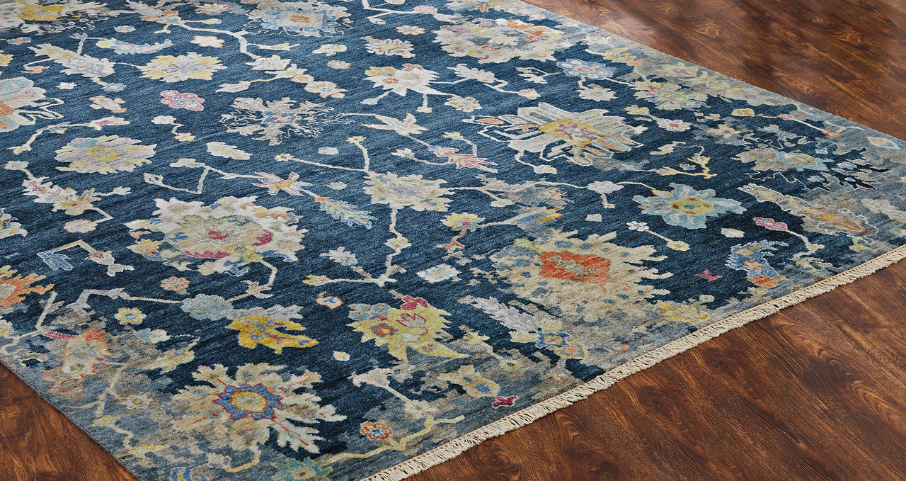 Transitional wool-silk rug in navy blue and off-white, detail view