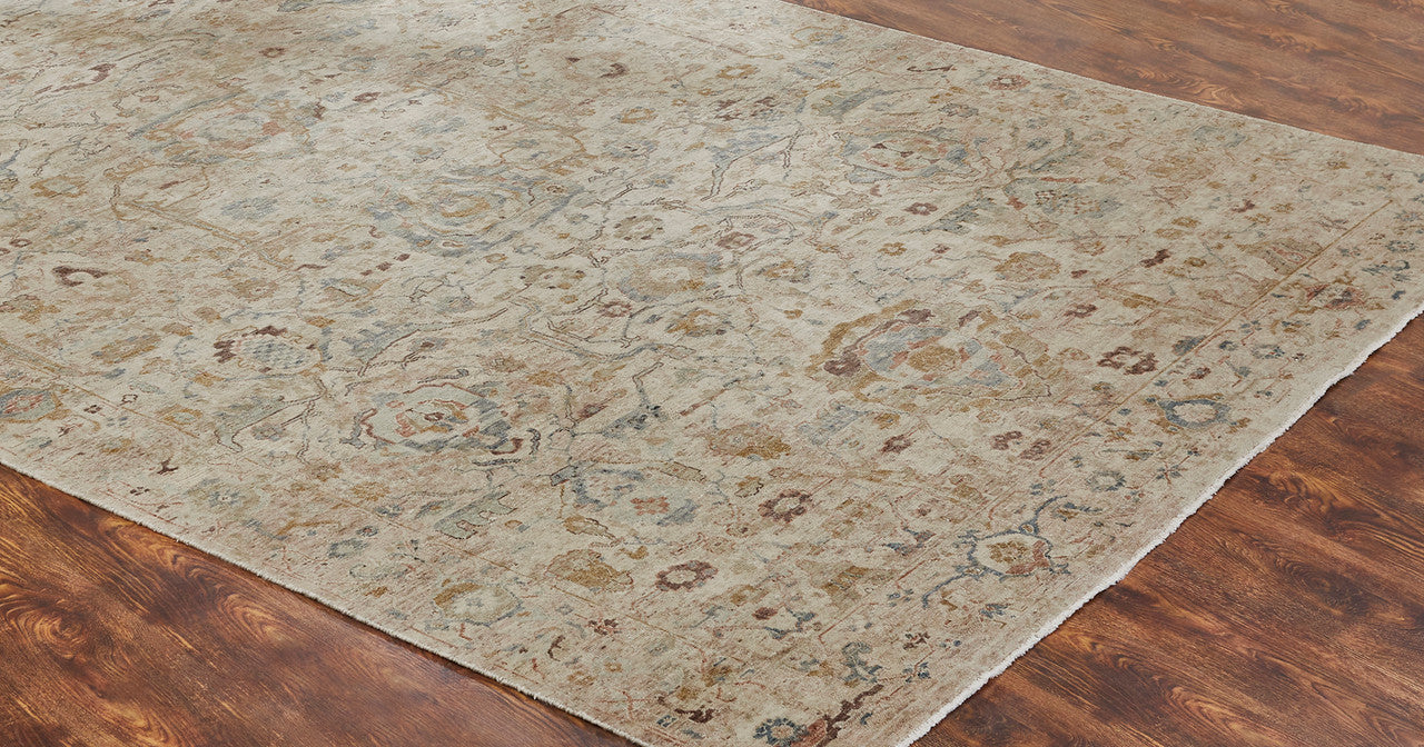 Transitional wool rug in beige and brown, detail view