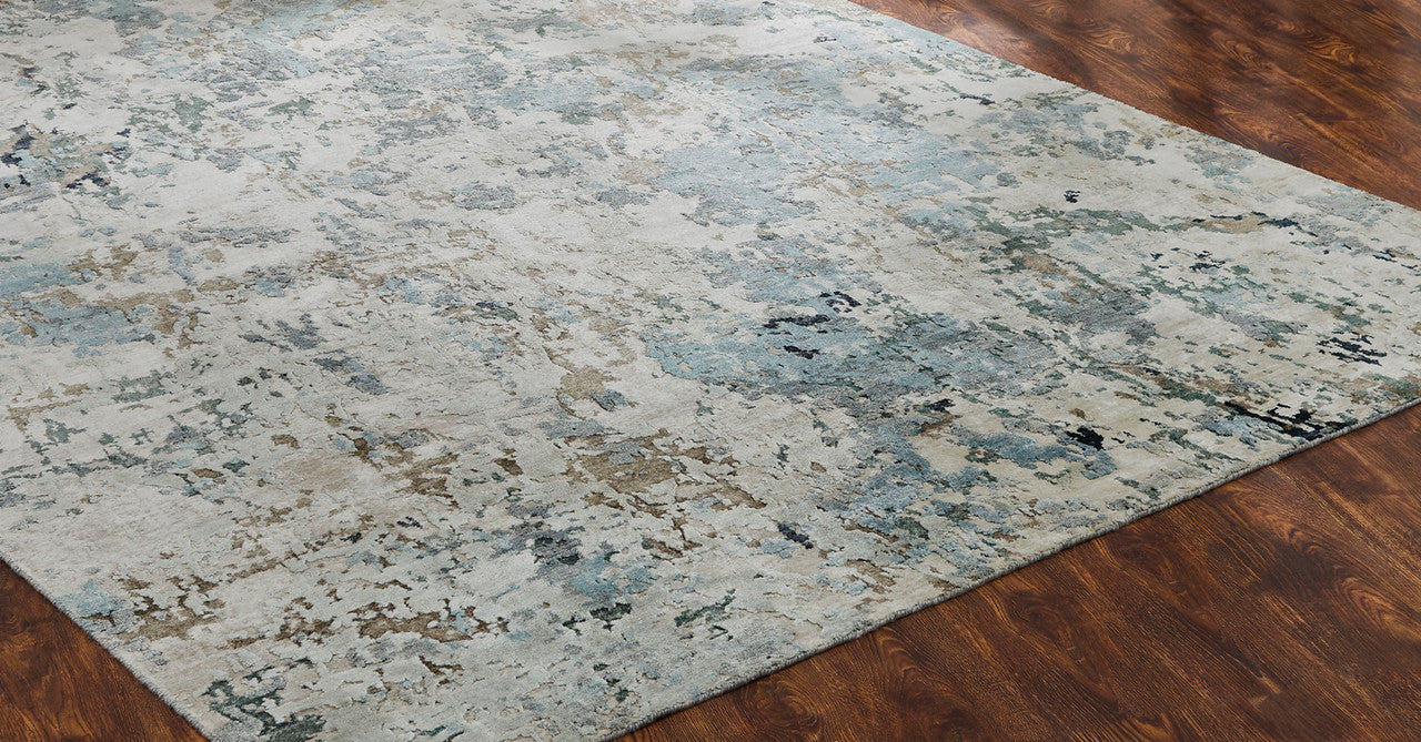 Modern silk rug in gray and blue, detail view