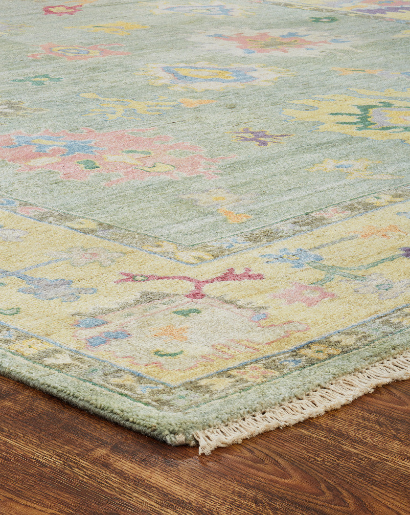 Transitional wool-silk rug in teal and yellow, additional view