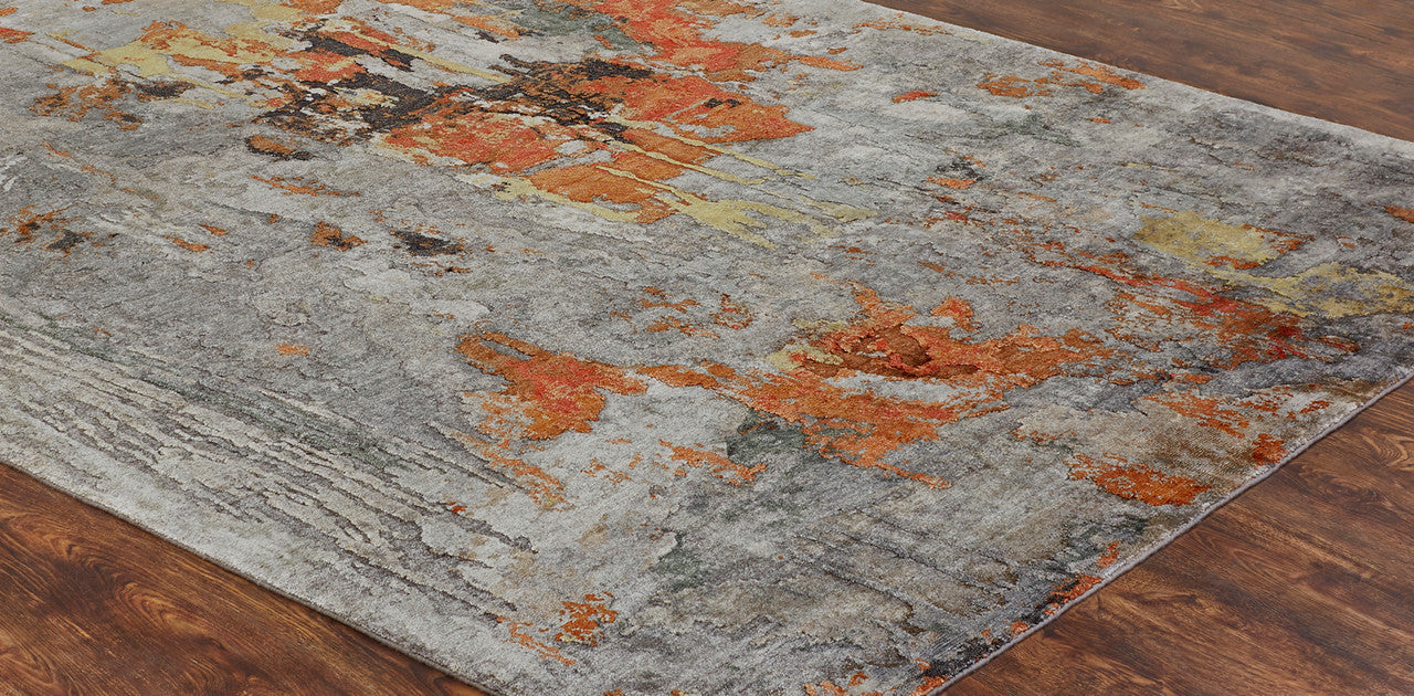 Modern silk rug in gray and rust, detail view
