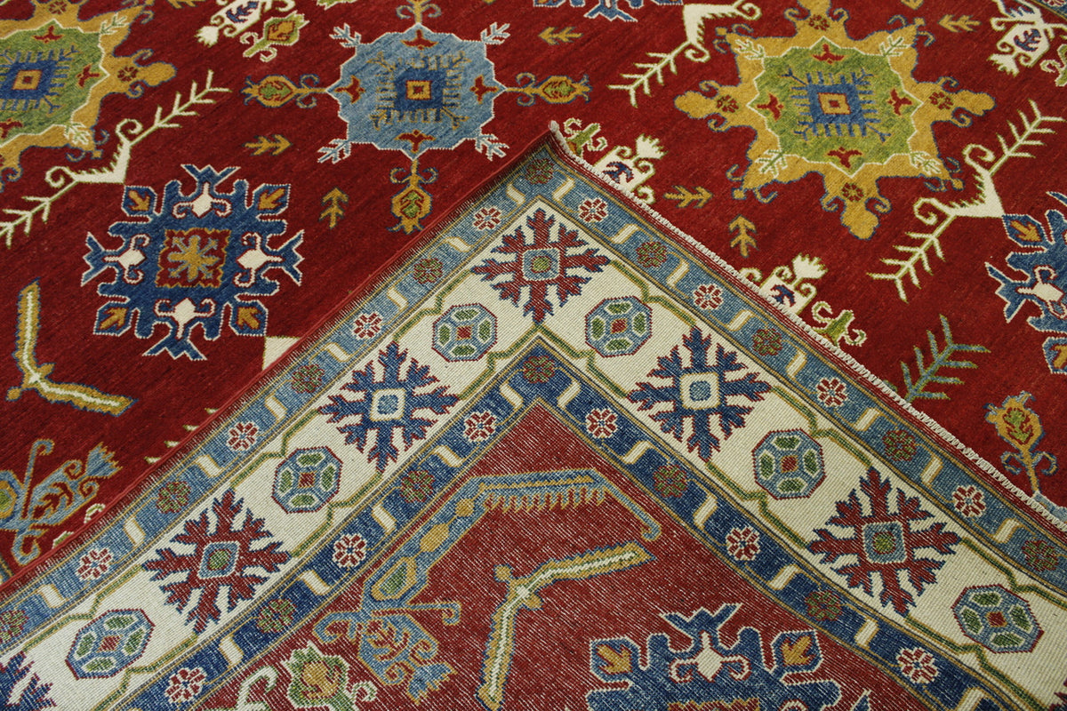 Tribal Super Kazak hand-knotted wool rug in Beige & Red, full view