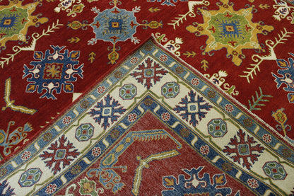 Tribal Super Kazak hand-knotted wool rug in Beige & Red, full view
